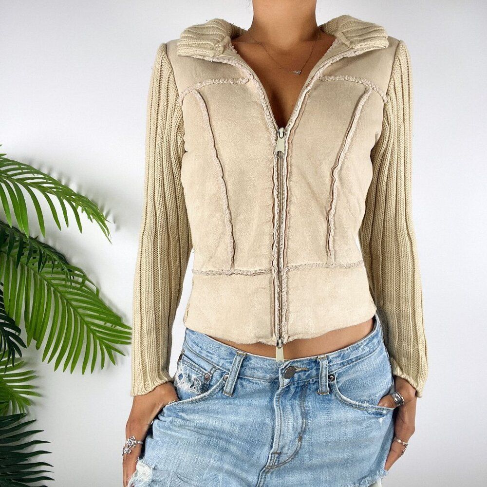 Women's Vintage Y2K Beige Boho Hippie Patchwork Knit Faux Suede Fitted Jacket /S - Picture 2 of 8
